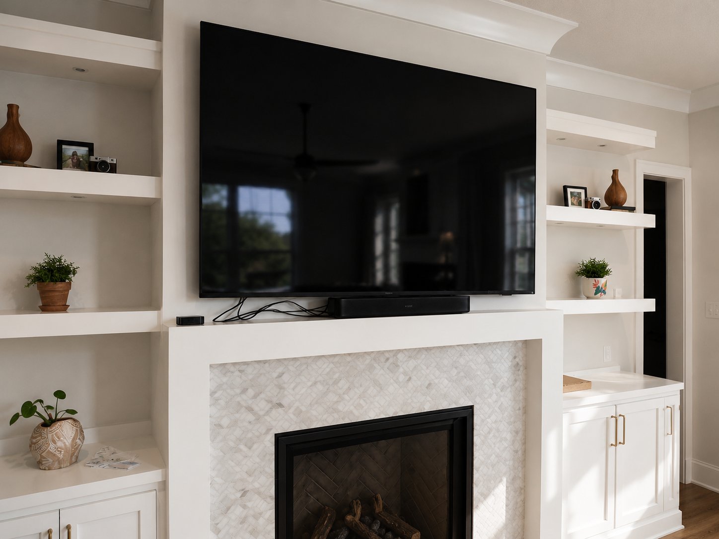 TV mounted on brick wall