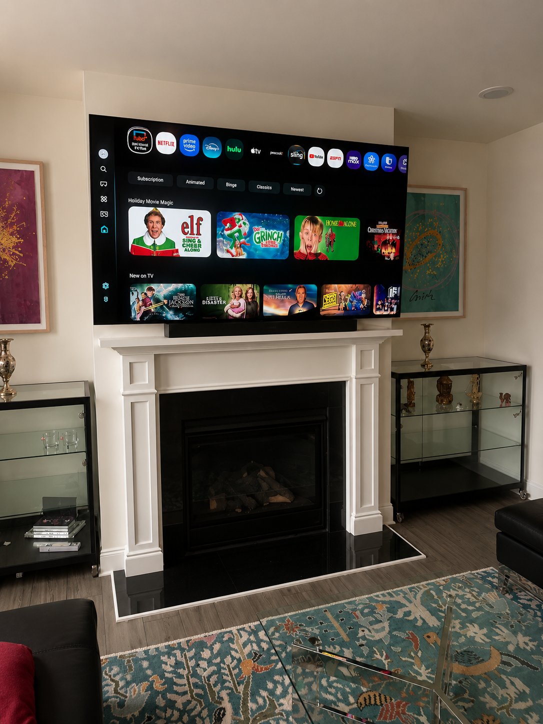 Large format TV installation over brick fireplace in Apex NC masonry mount