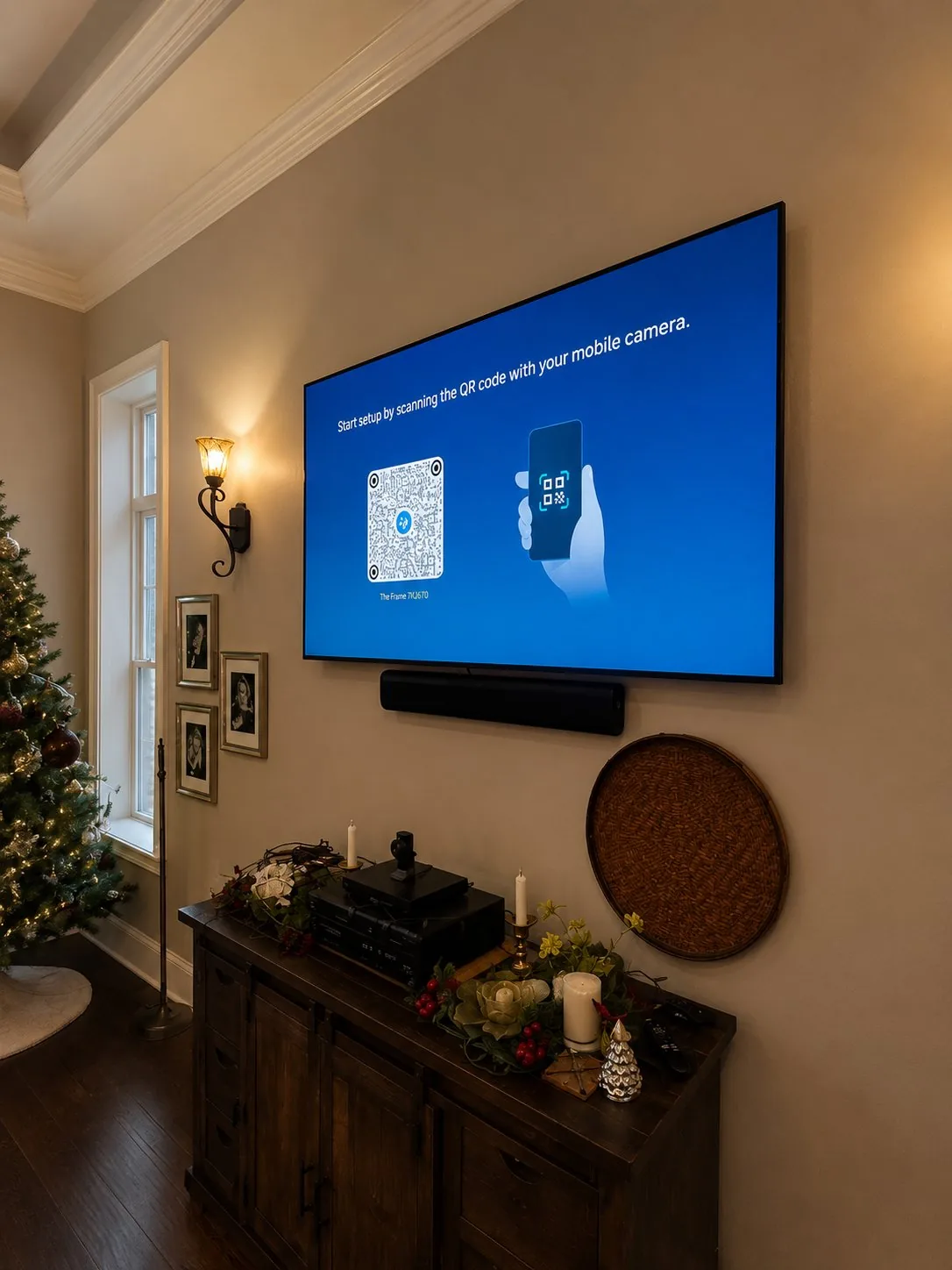 Samsung Frame TV on dark accent wall with LED backlight in Cary NC