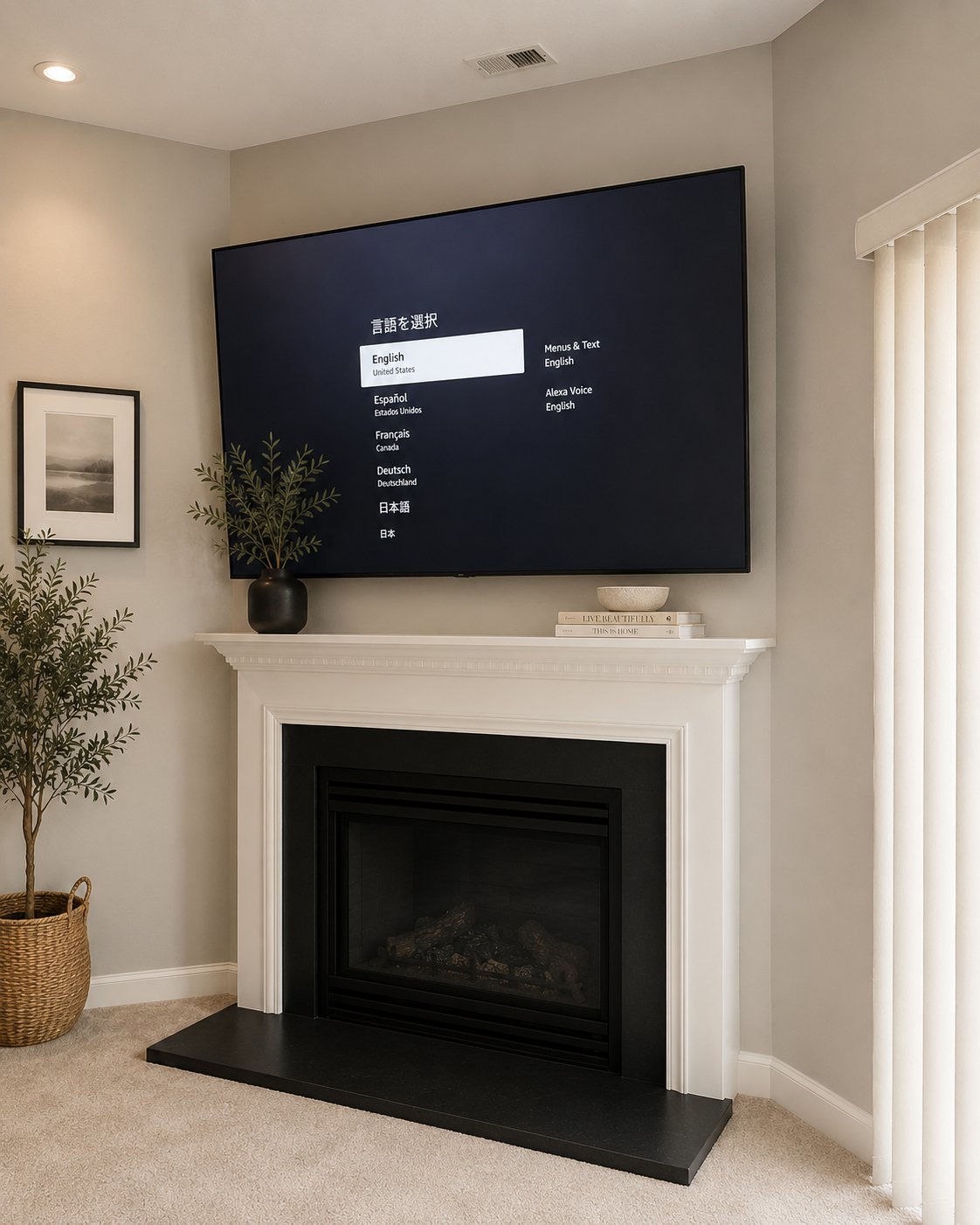 TV over classic white fireplace mantel clean finish Triangle NC