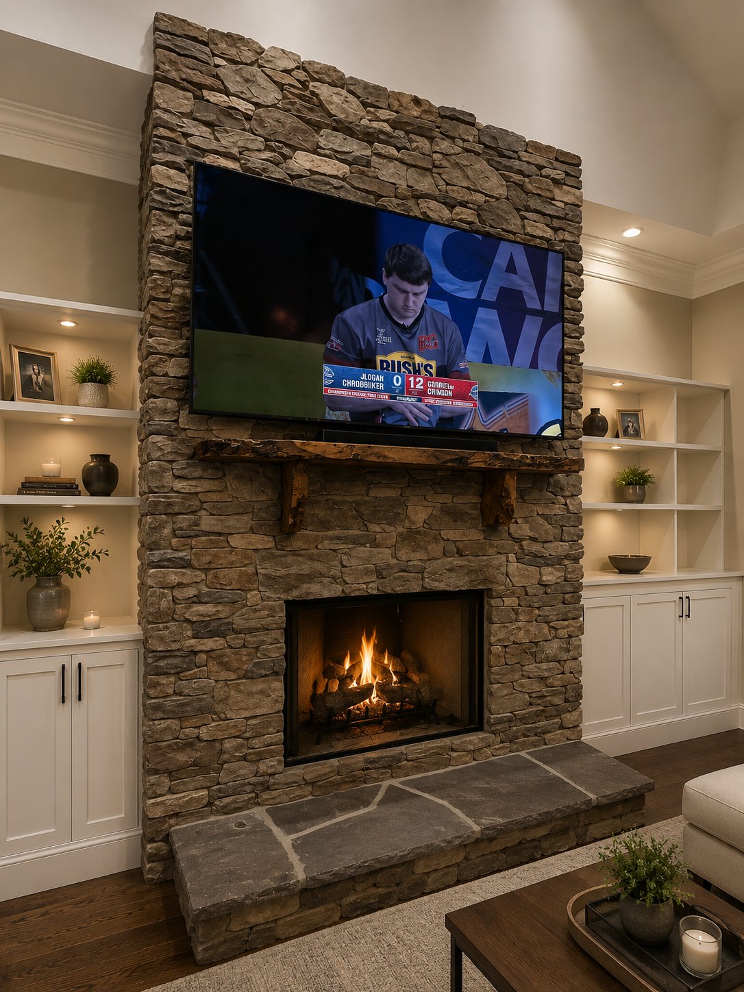 Heavy TV on stone fireplace with wood mantel heavy duty mount Apex NC