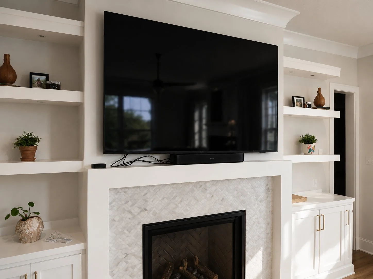 TV in vaulted ceiling bonus room with angled mount Morrisville NC