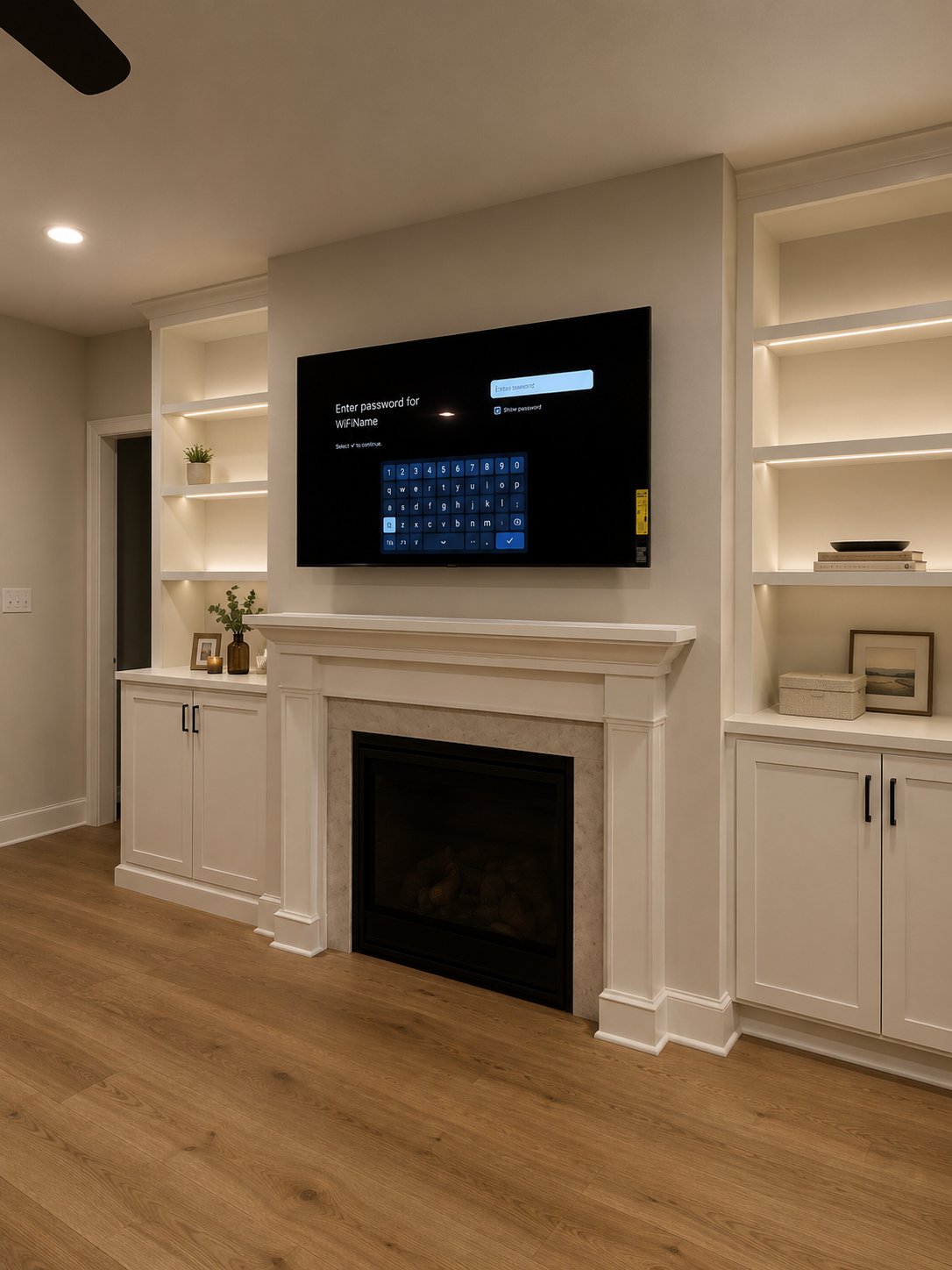 LG TV over white fireplace mantel eye-level placement Raleigh NC