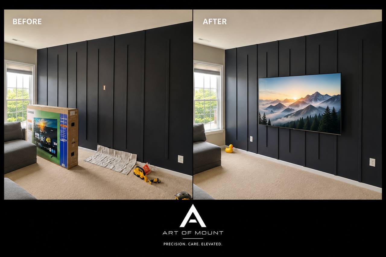 Before after Samsung TV dark panel wall Cary NC