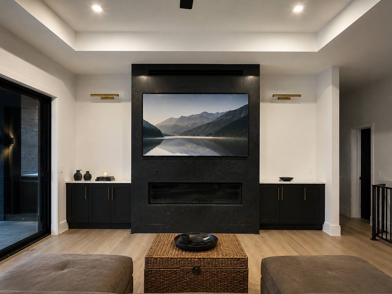 85 inch LG OLED TV on natural granite fireplace Apex NC