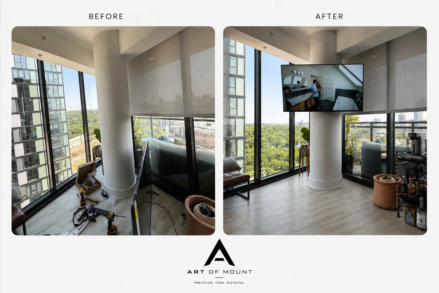 Before and after 55 inch Samsung TV mounted on solid concrete column downtown Raleigh high-rise