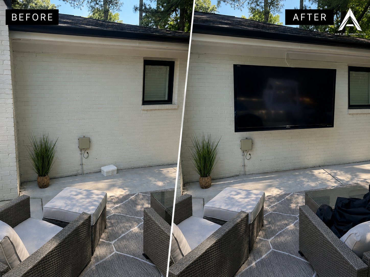 80 inch outdoor TV on brick wall pool patio Cary NC