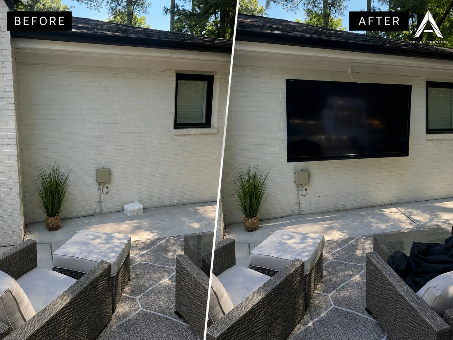 80 inch outdoor TV on brick wall pool patio Cary NC