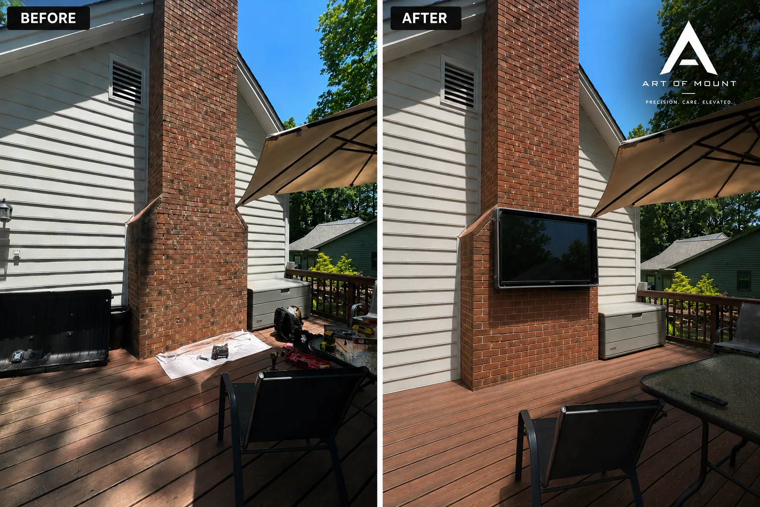 Samsung 55 inch TV on exterior brick wall Storm Shell weatherproof enclosure deck Raleigh NC