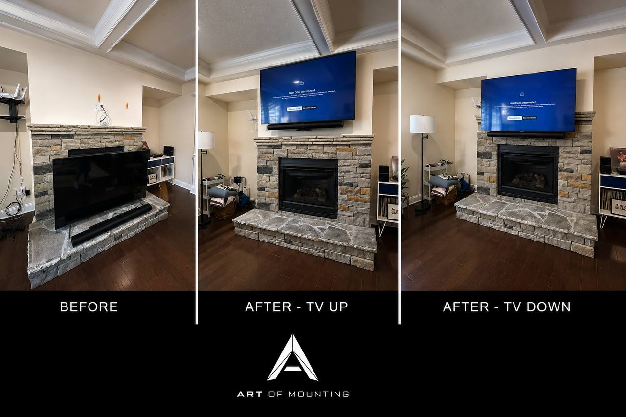 Before and after 65 inch LG TV on pull-down mount above stone fireplace Cary NC
