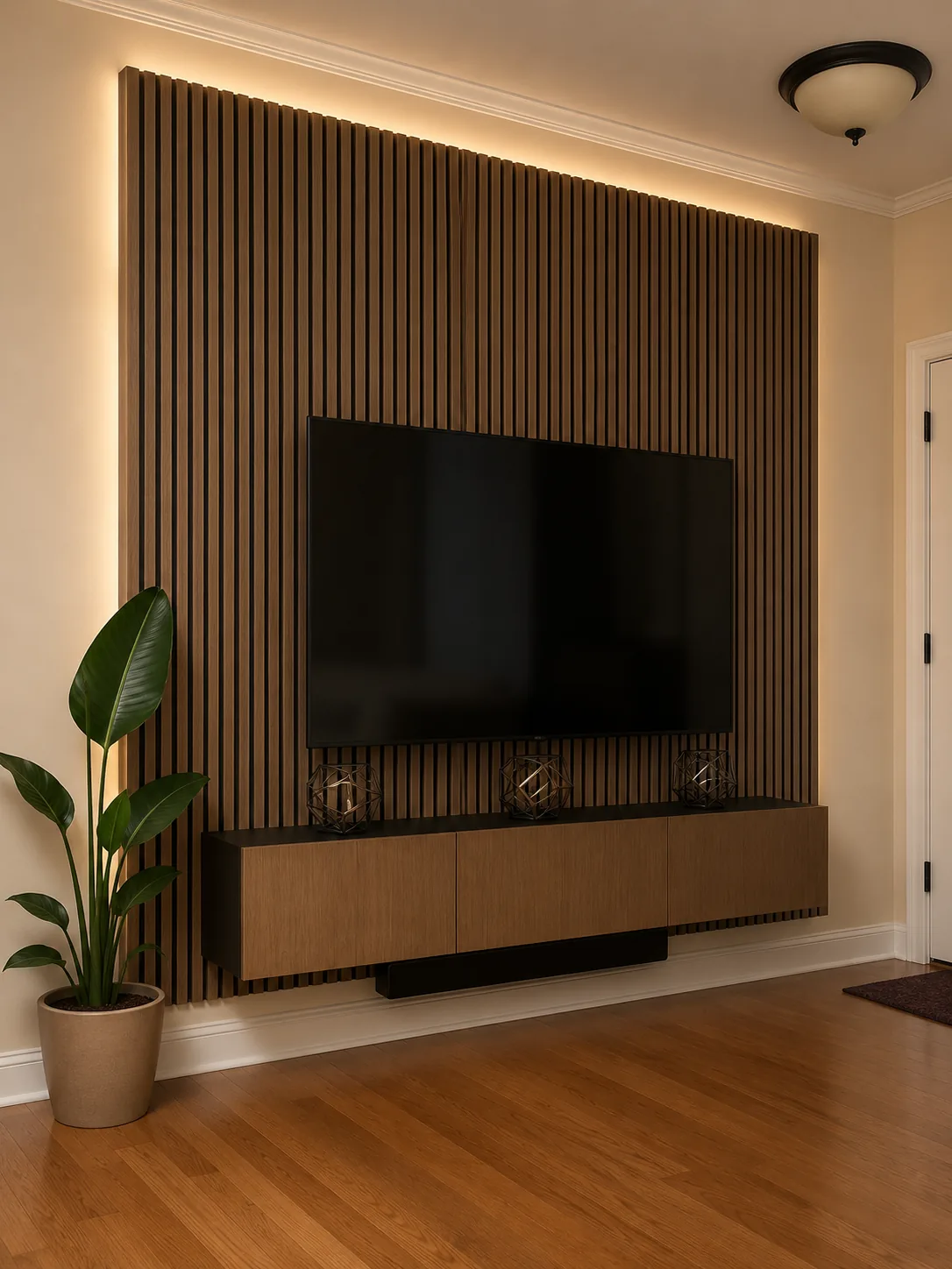 Wood slat accent wall TV full-motion mount LED lighting floating shelf soundbar Cary NC